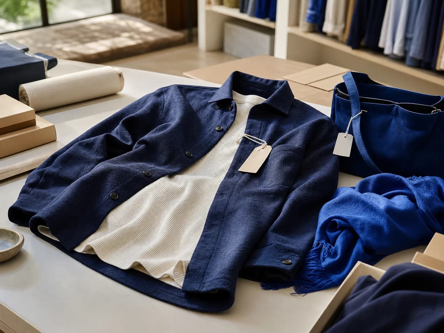 Prendas azul marino y crema preparadas para un flujo de tienda online.