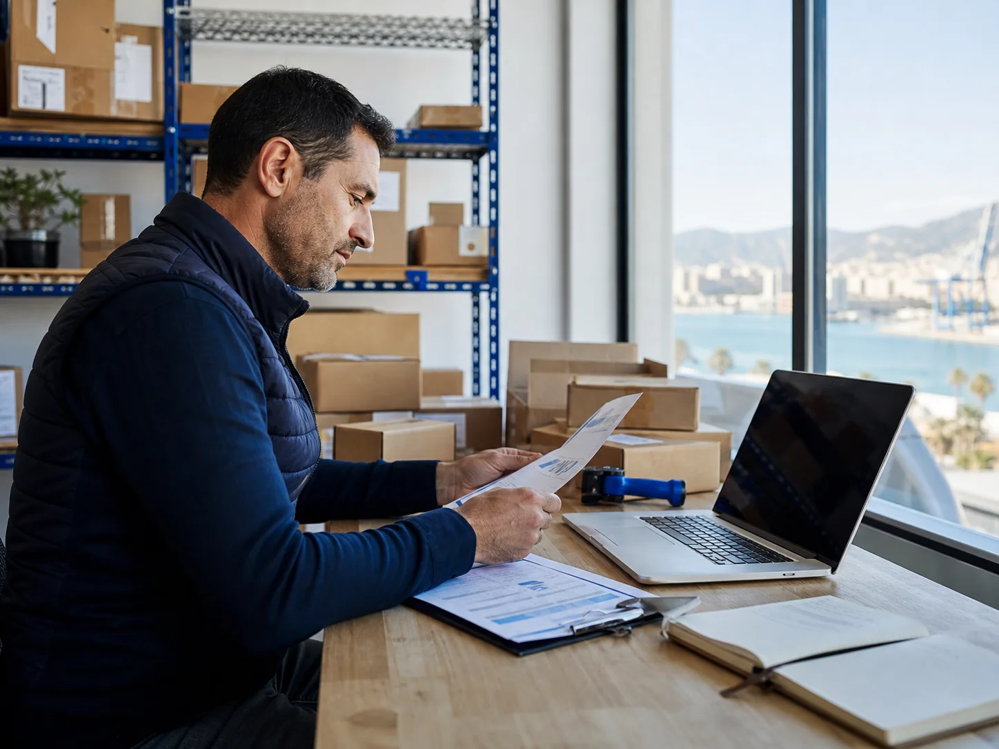 An illustrative operations owner reviewing a quotation and shipment documents.